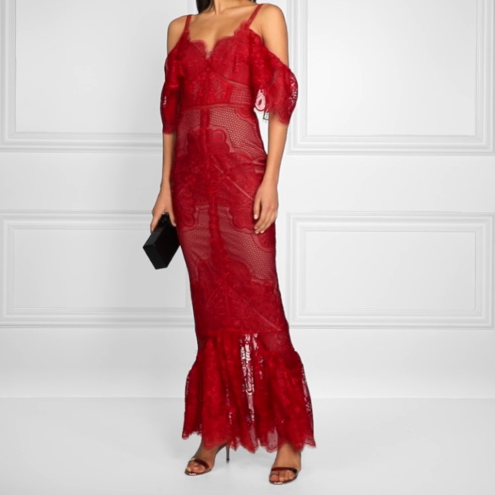 Marchesa Notte Red Lace Dress